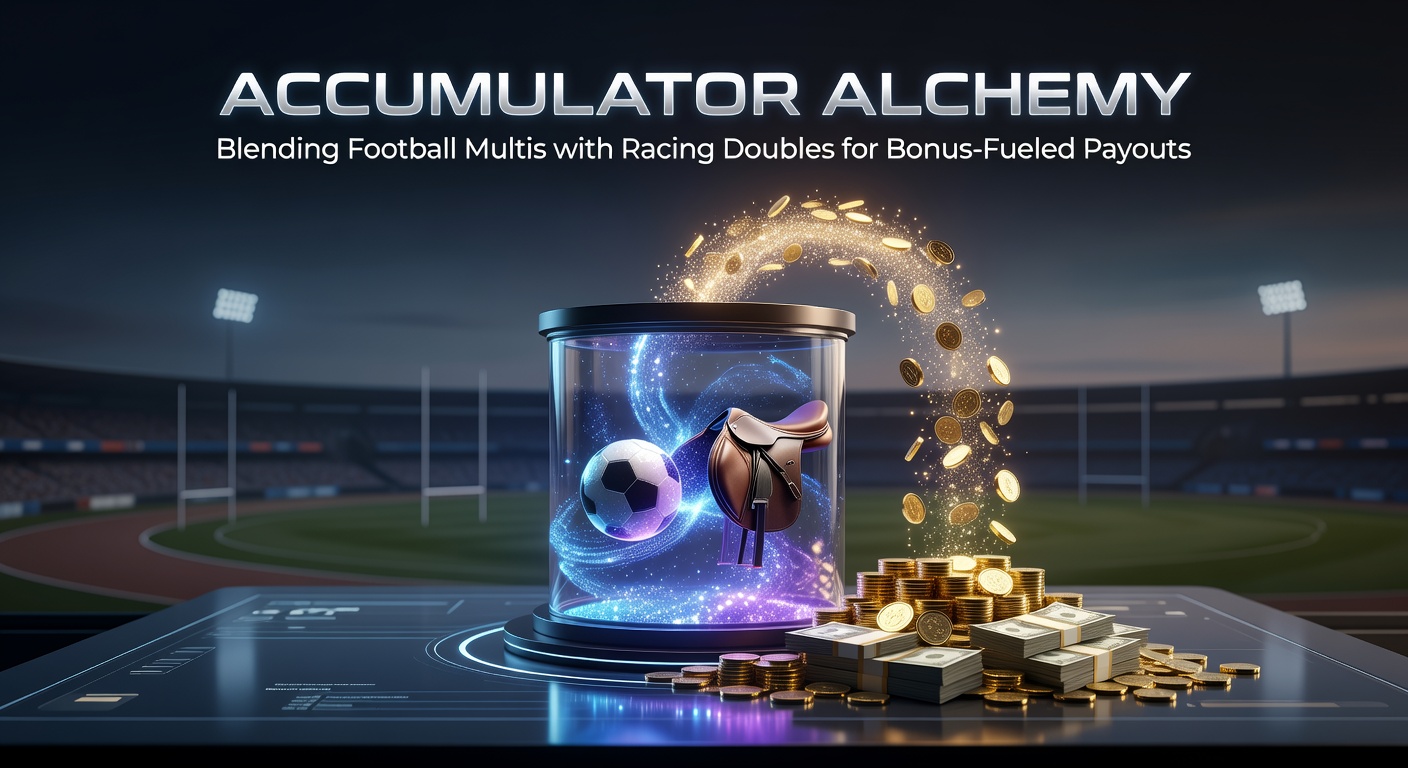 Vibrant digital illustration showing intertwined football and horse racing elements with glowing accumulator chains and bonus multipliers exploding in gold coins