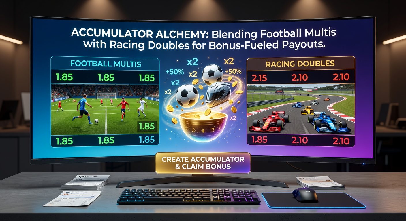 Dynamic split-screen graphic of a soccer pitch accumulator merging into a racetrack double, with bonus icons raining down and payout meters filling up