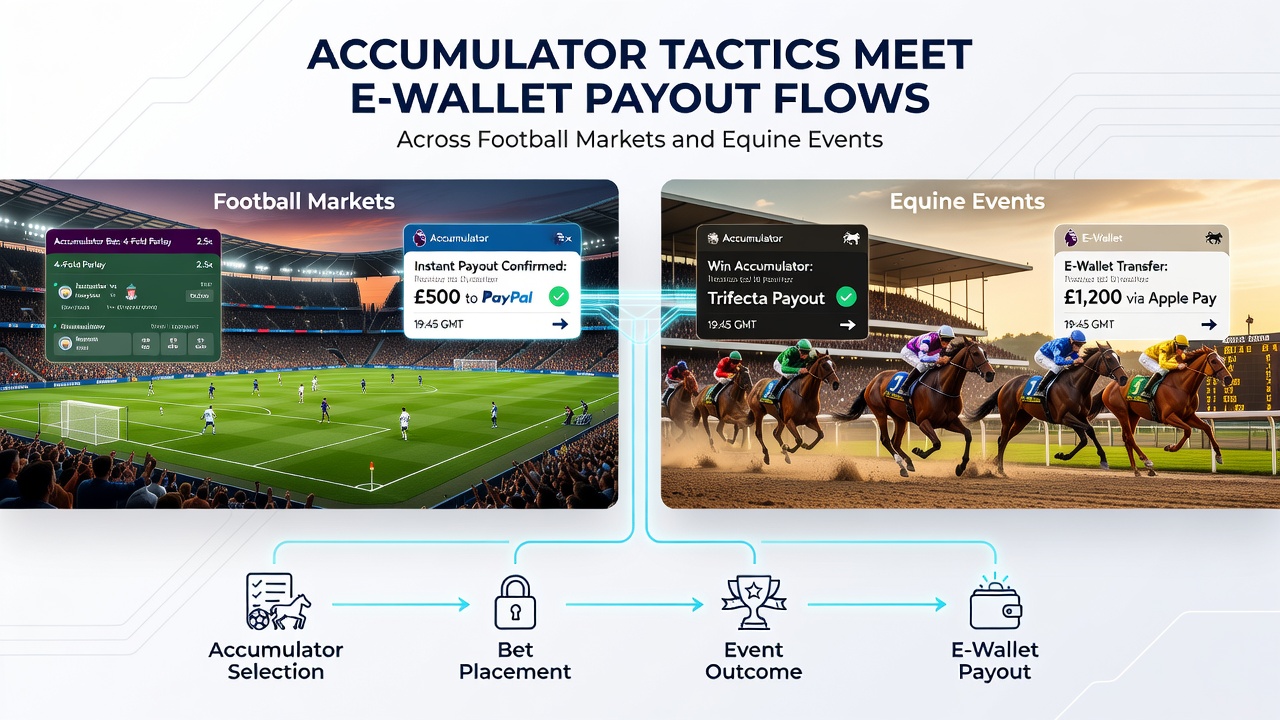 E-wallet interfaces processing accumulator payouts from soccer and horse racing events