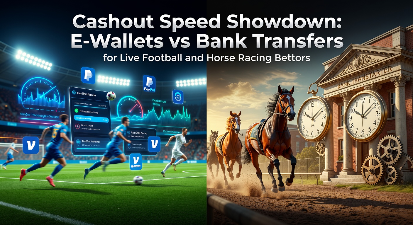 Digital graphic showing speedy e-wallet icons racing against slower bank transfer trucks on a betting track, highlighting payout speed differences for live sports bettors