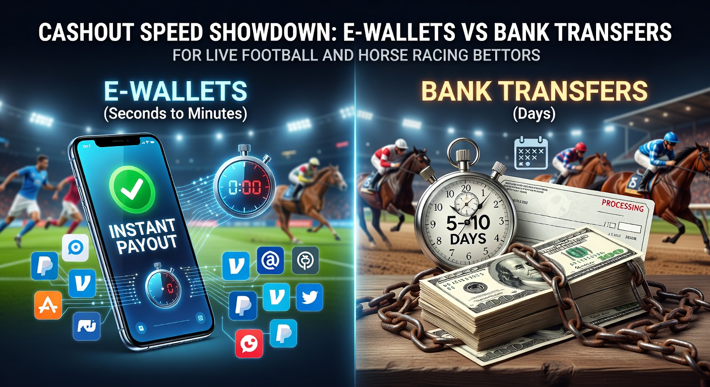 Close-up comparison chart of e-wallet and bank transfer timelines during a live soccer match and horse race, with clocks ticking down to show real-world payout speeds