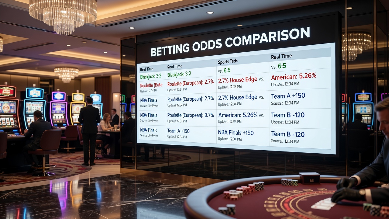 Infographic detailing house edge percentages for popular casino games next to implied probability calculations for common sports wagers