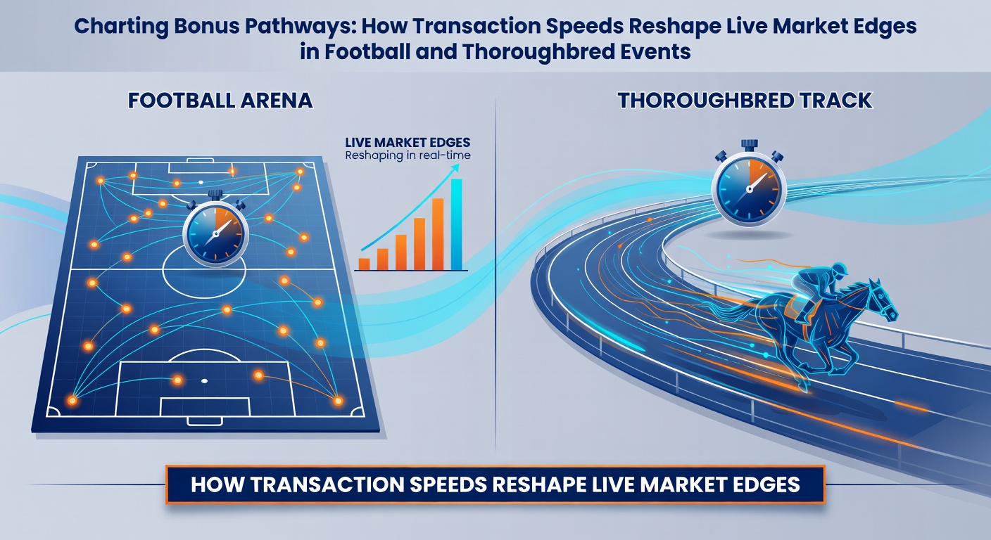 Illustration showing digital transaction flows connecting football stadiums and thoroughbred racetracks with bonus pathways