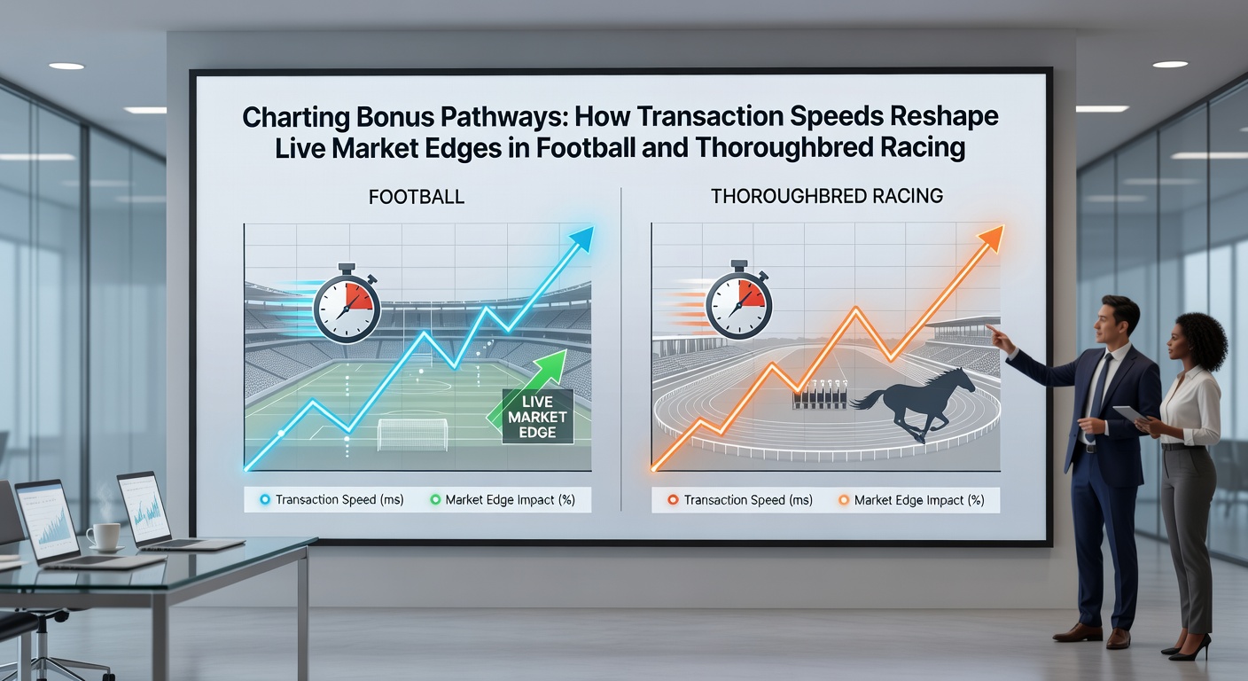 Split view of a live football match and a thoroughbred race with overlaid transaction speed indicators