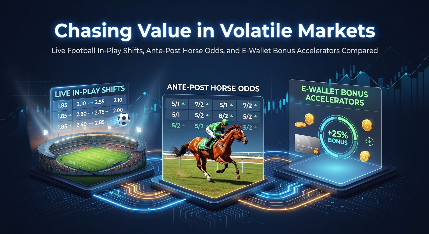 Dynamic graph illustrating rapid odds fluctuations in live football matches alongside stable ante-post horse racing lines and e-wallet deposit timelines