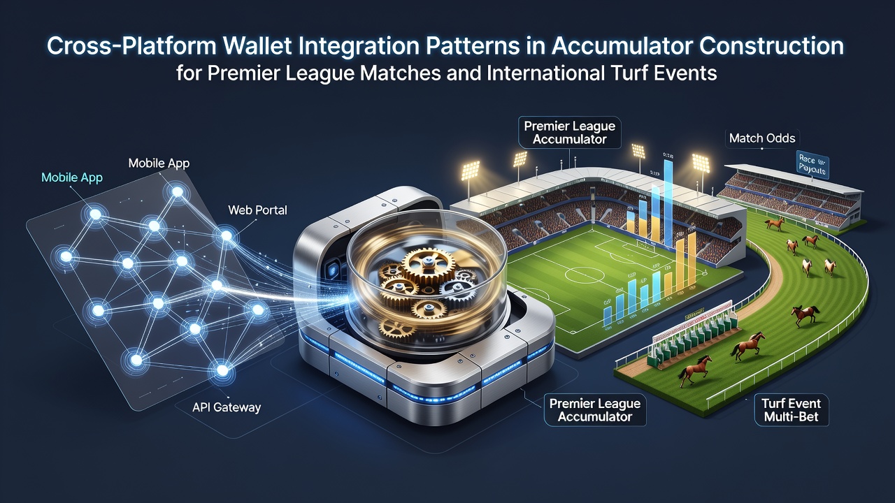 Cross-platform wallet integration dashboard showing accumulator construction for Premier League matches and international turf events