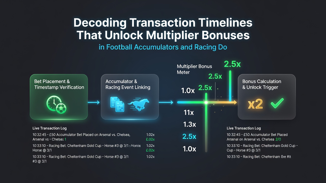 Flowchart illustrating deposit clearance stages and multiplier activation points for soccer accumulators alongside racing double examples