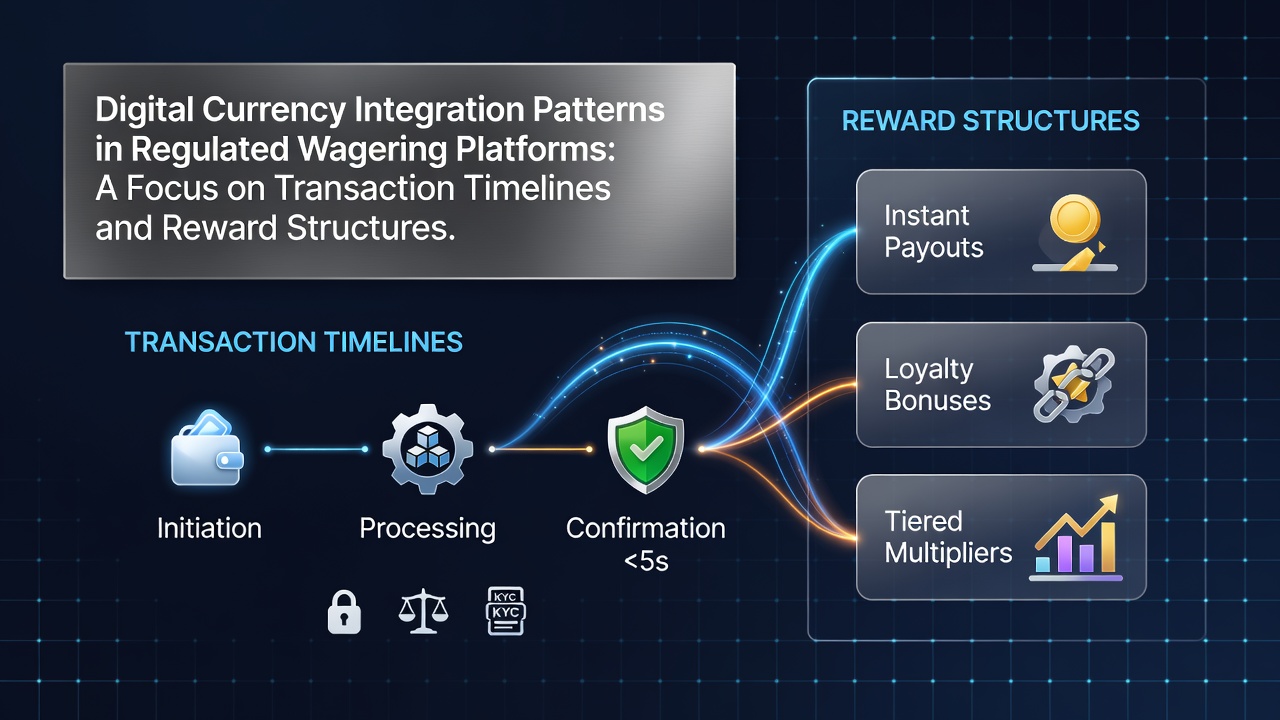 Digital currency transaction flows across multiple regulated wagering platforms showing blockchain confirmation stages and reward credit timelines
