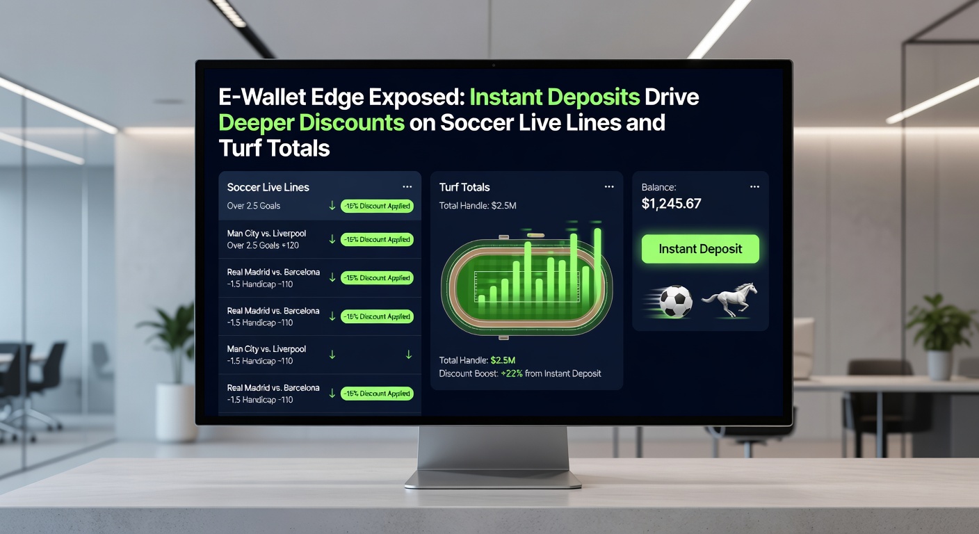 Horse racing turf track with overlaid e-wallet transaction graphics and live odds board displaying totals
