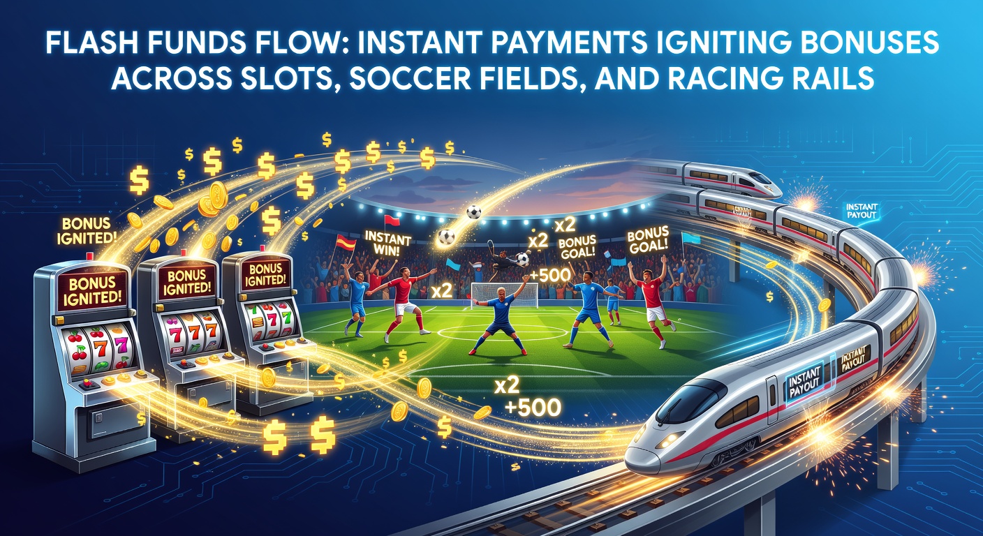 Dynamic graphic showing lightning-fast money transfers fueling slot machines, soccer pitches, and racetracks in a vibrant betting ecosystem