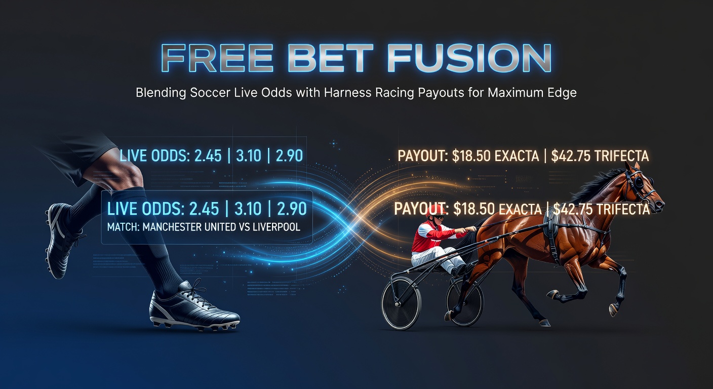 Dynamic graphic showing soccer ball merging with harness racing horse tracks, overlaid with odds charts and free bet icons