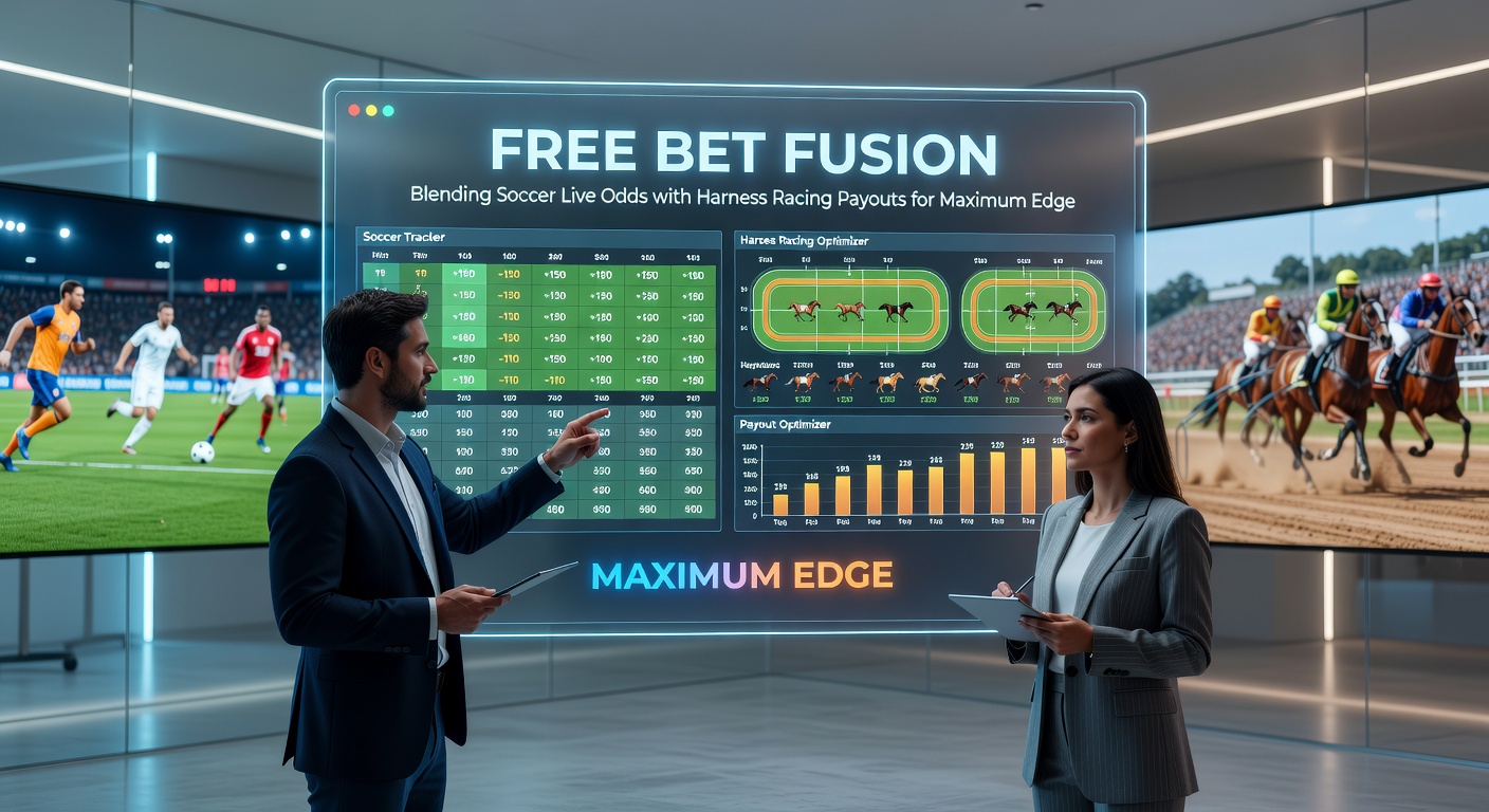 Close-up of a harness race finish line with soccer live odds ticker superimposed, highlighting payout multipliers and free bet promotions