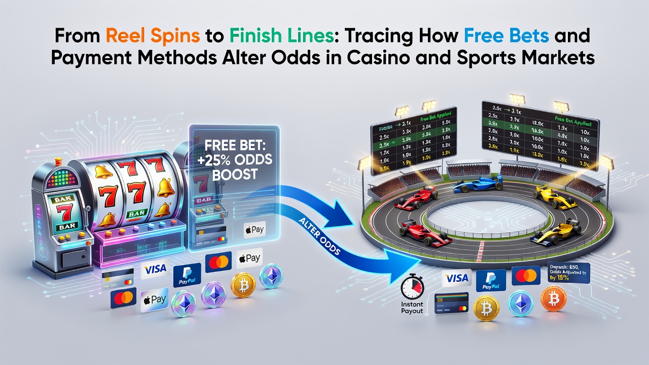 Illustration showing casino slot reels transitioning into a sports racetrack finish line with betting chips and digital payment icons overlayed