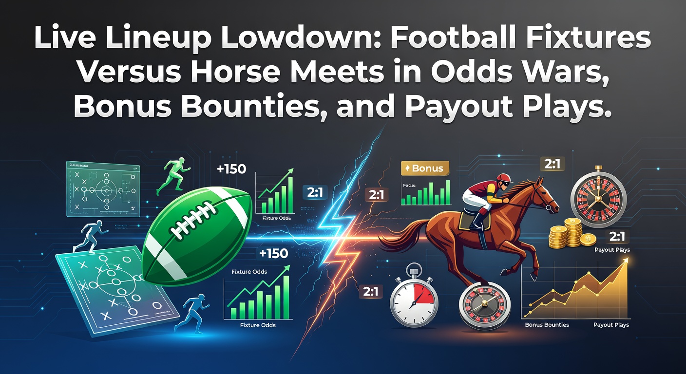 Dynamic split image showing a packed soccer stadium with live betting overlays next to a horse racing track under lights, highlighting odds fluctuations and bonus icons