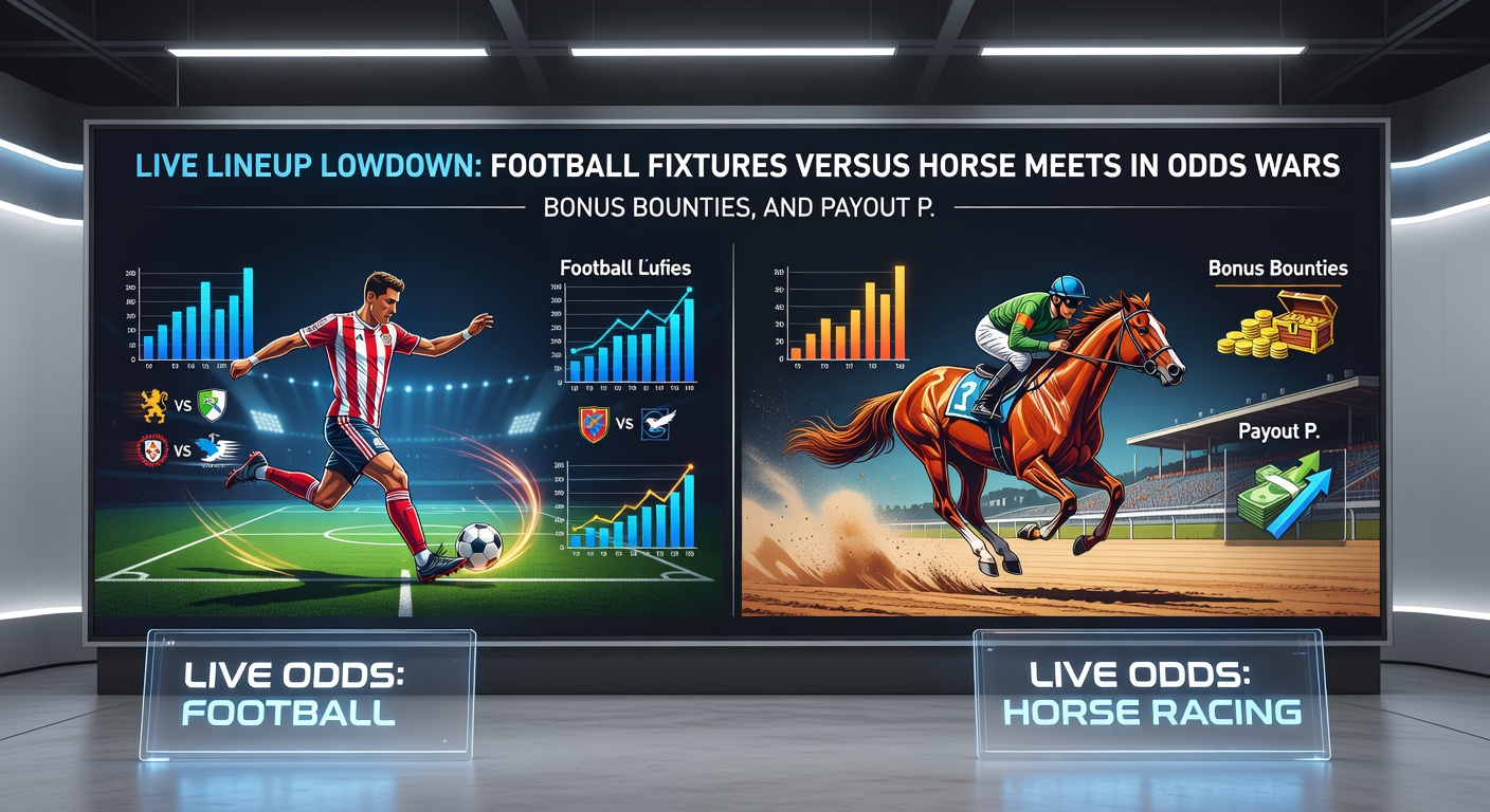 Vibrant graphic contrasting soccer goal celebrations with horse crossing the finish line, overlaid with bonus offer icons like free bet chips and payout multipliers