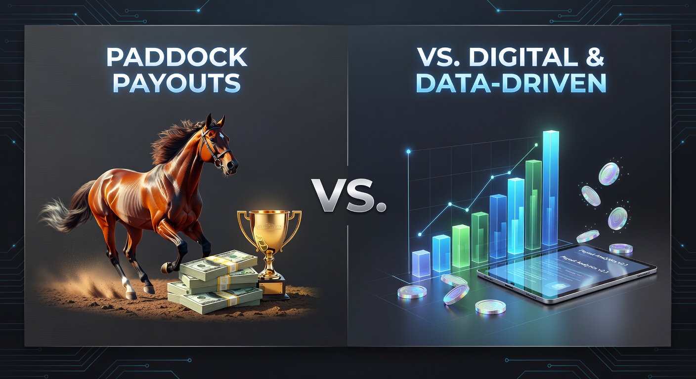 Vibrant scene of horses parading in the paddock before a major race, with bettors observing closely under sunny skies