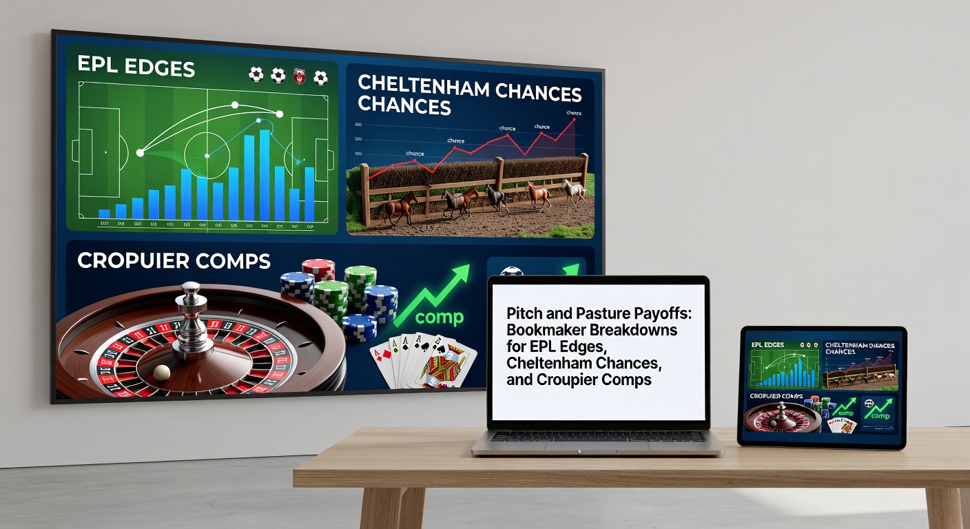 Vibrant stadium scene with EPL players in action alongside a racetrack and casino roulette wheel, symbolizing the blend of football, horse racing, and table games in betting markets