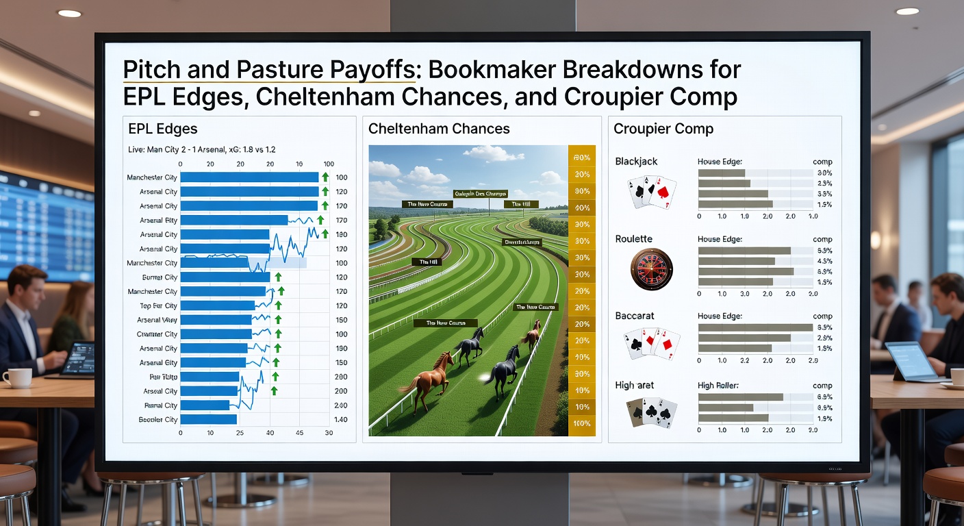 Thrilling Cheltenham racecourse action with horses leaping hurdles under sunny skies, evoking the high-stakes energy of the festival alongside bookmaker odds boards