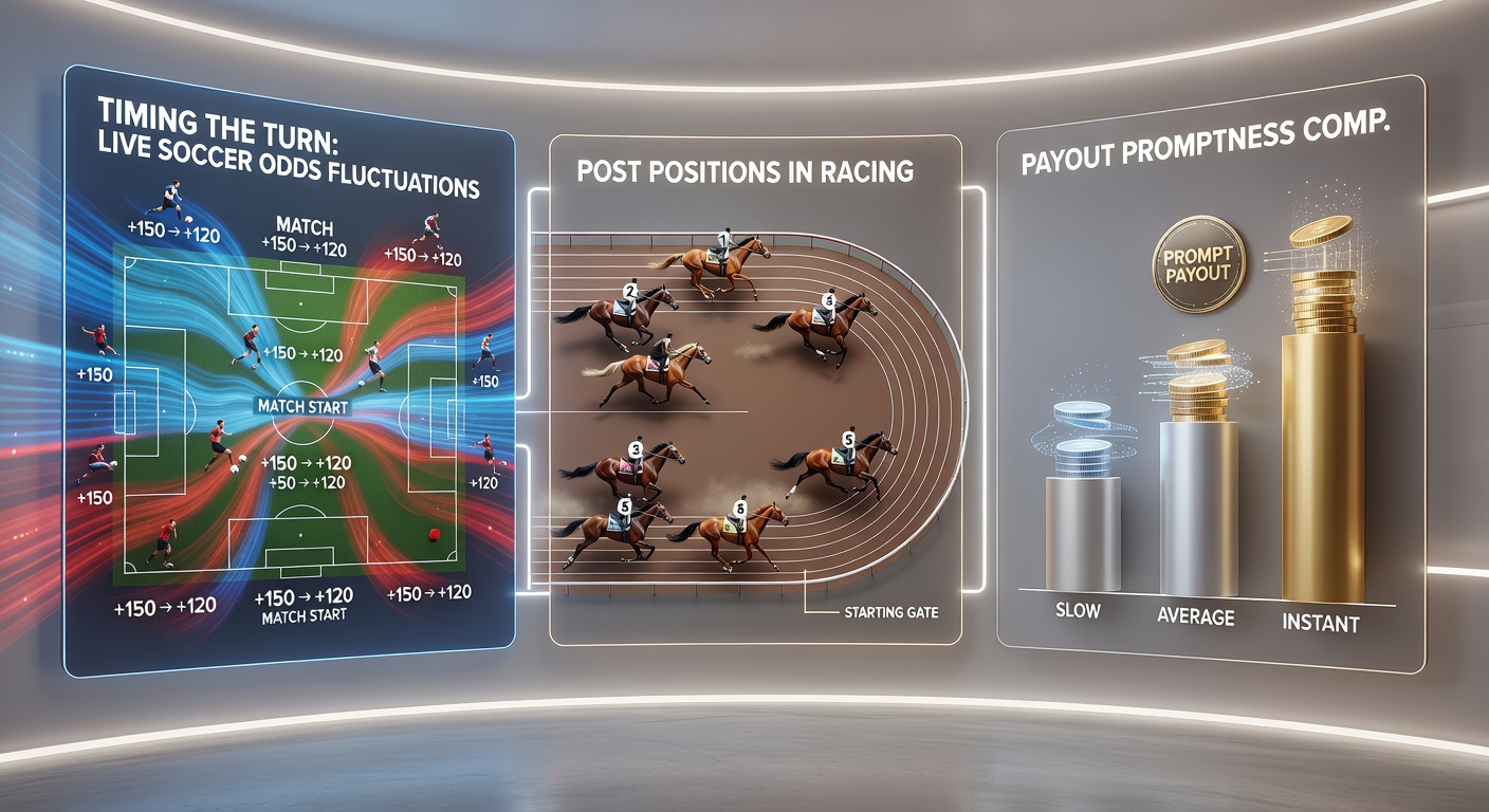 Close-up of a horse racing starting gate with post positions marked, alongside a soccer stadium scoreboard displaying fluctuating live odds
