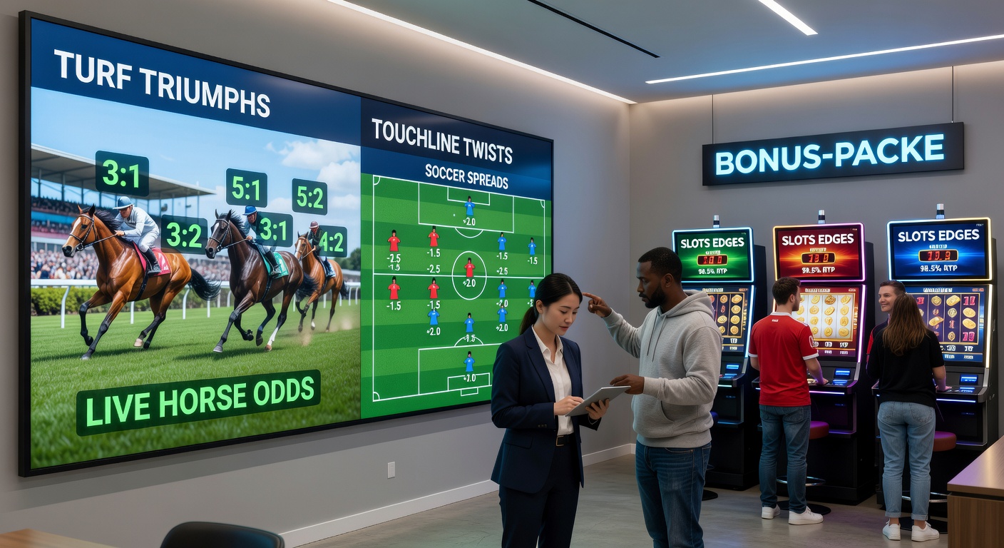Close-up of slot reels spinning with overlaid betting slips for horse races and soccer matches