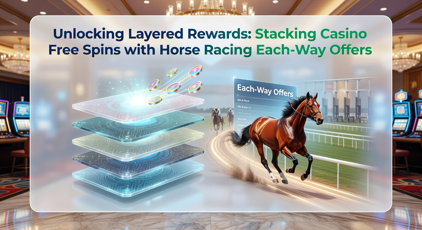 Close-up of a bet slip showing stacked free spins and each-way racing wager, with payout calculations overlaid on a casino and track backdrop