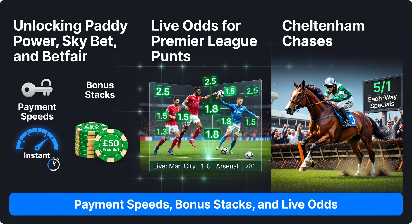Collage of Paddy Power, Sky Bet, and Betfair apps displaying live Premier League odds and Cheltenham race previews, highlighting fast payment icons and bonus offers